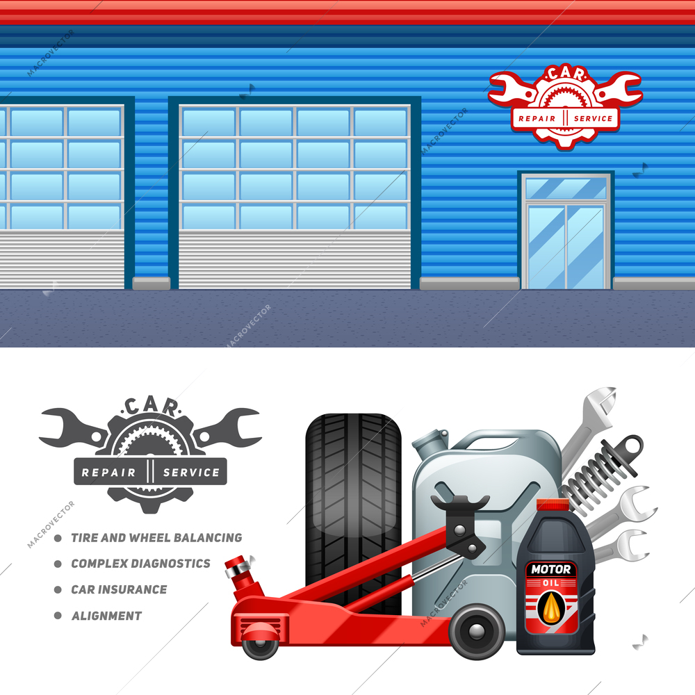 Car service garage 2 horizontal banners composition advertisement poster with tire and motor oil abstract vector illustration