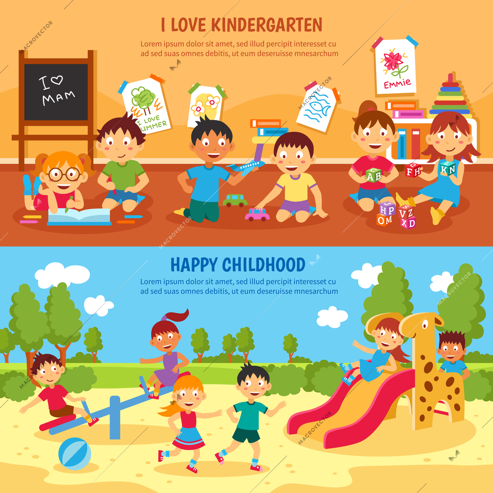 Kindergarten horizontal banner set with happy children isolated vector illustration