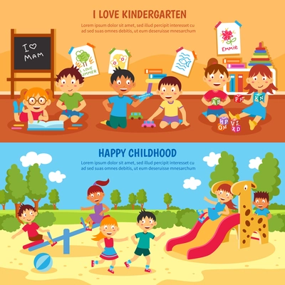 Kindergarten horizontal banner set with happy children isolated vector illustration