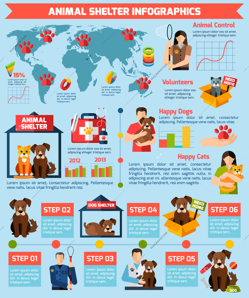 Animal shelter infographics with pet health care and volunteer work symbols vector illustration