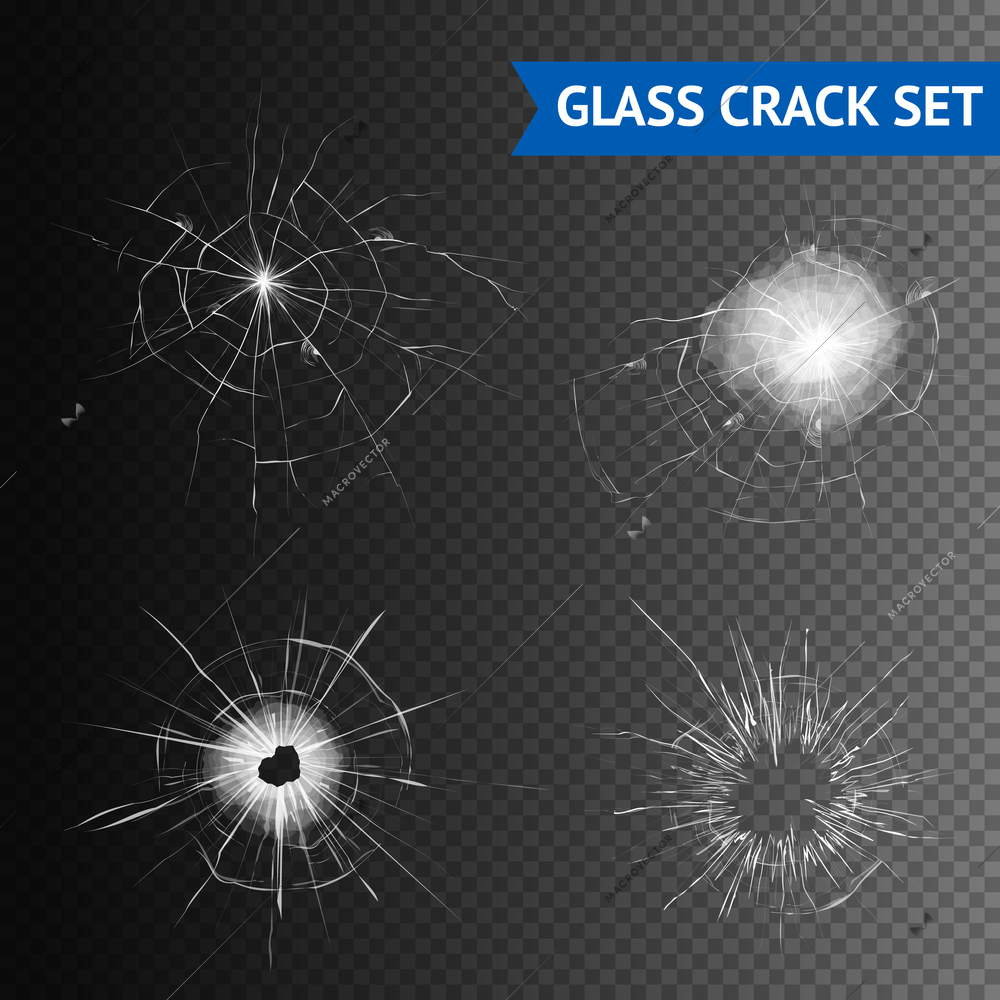 Set of different types of glass crack on seamless background graphic isolated vector illustration