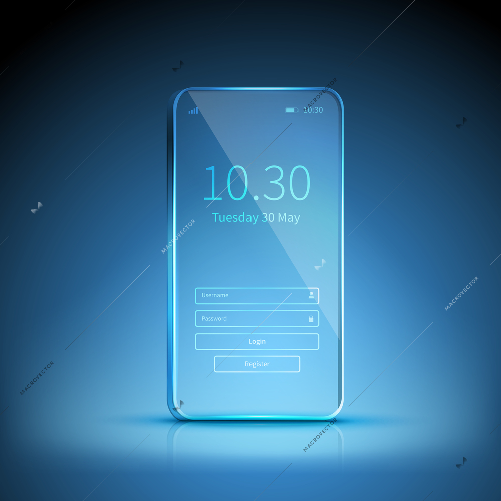 Blue transparent smartphone image swiched on and waiting for registration on blue background vector illustration