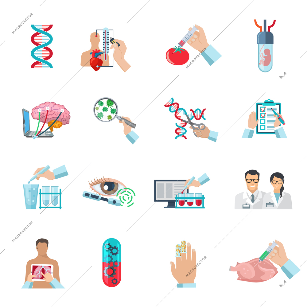 Flat color scientific icons set of biotechnology  genetic engineering and nanotechnology isolated vector illustration