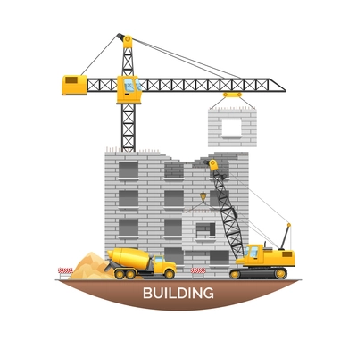 Urban building under construction with concrete wall panel hanging from tower crane flat poster abstract vector illustration