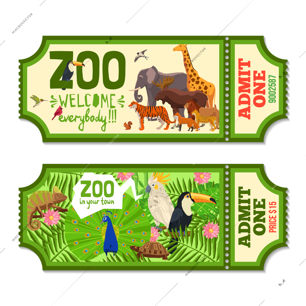 Colorful zoo tickets with tropical plants exotic birds and african animals flat vector illustration