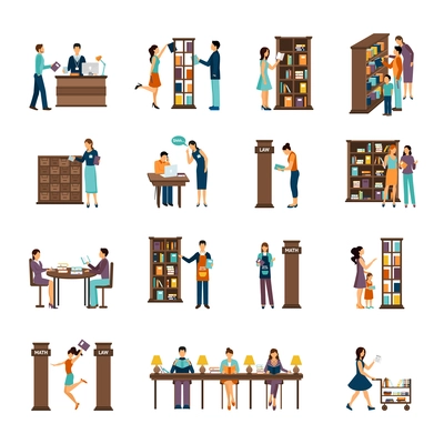 Flat icons set of different scenes of people activities in library isolated vector illustration