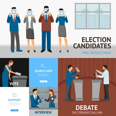 Political election candidates promises debates and interview information online 4 flat banners composition abstract flat vector illustration