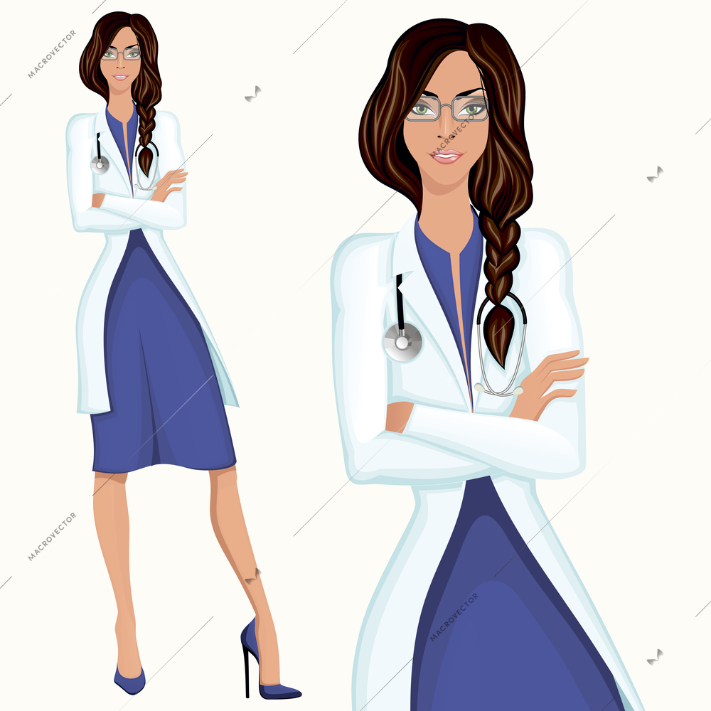 Medical professional attractive young doctor assistant employee standing in white lab coat vector illustration