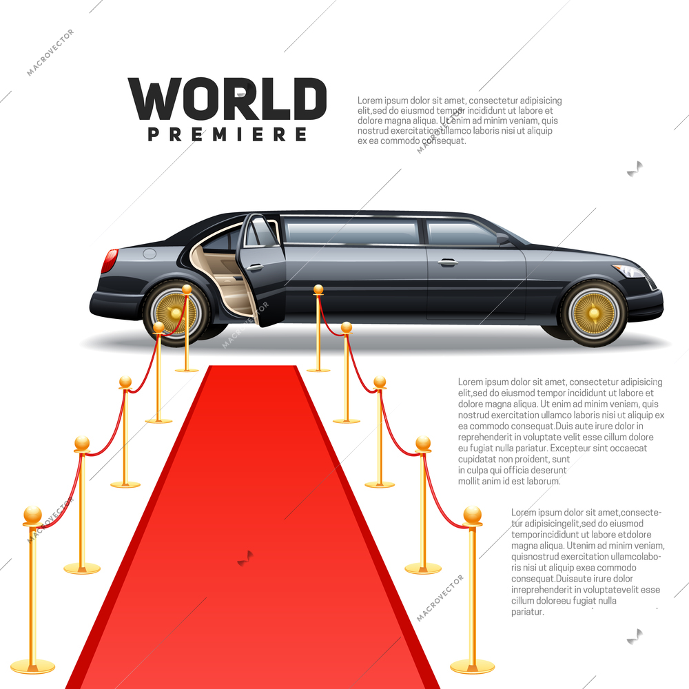 Luxury limousine car and red carpet for world premiere celebrities and guests poster with quotes text vector illustration