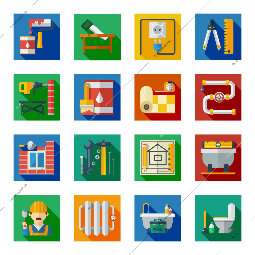 Home repair refurnishing and innovation service tools and utensils flat colorful square icons collection abstract vector isolated illustration