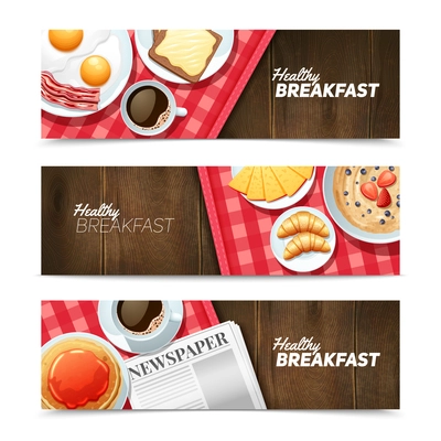 Healthy breakfast 3 horizontal banners set with black coffee and fried eggs on dark wooden table vector illustration