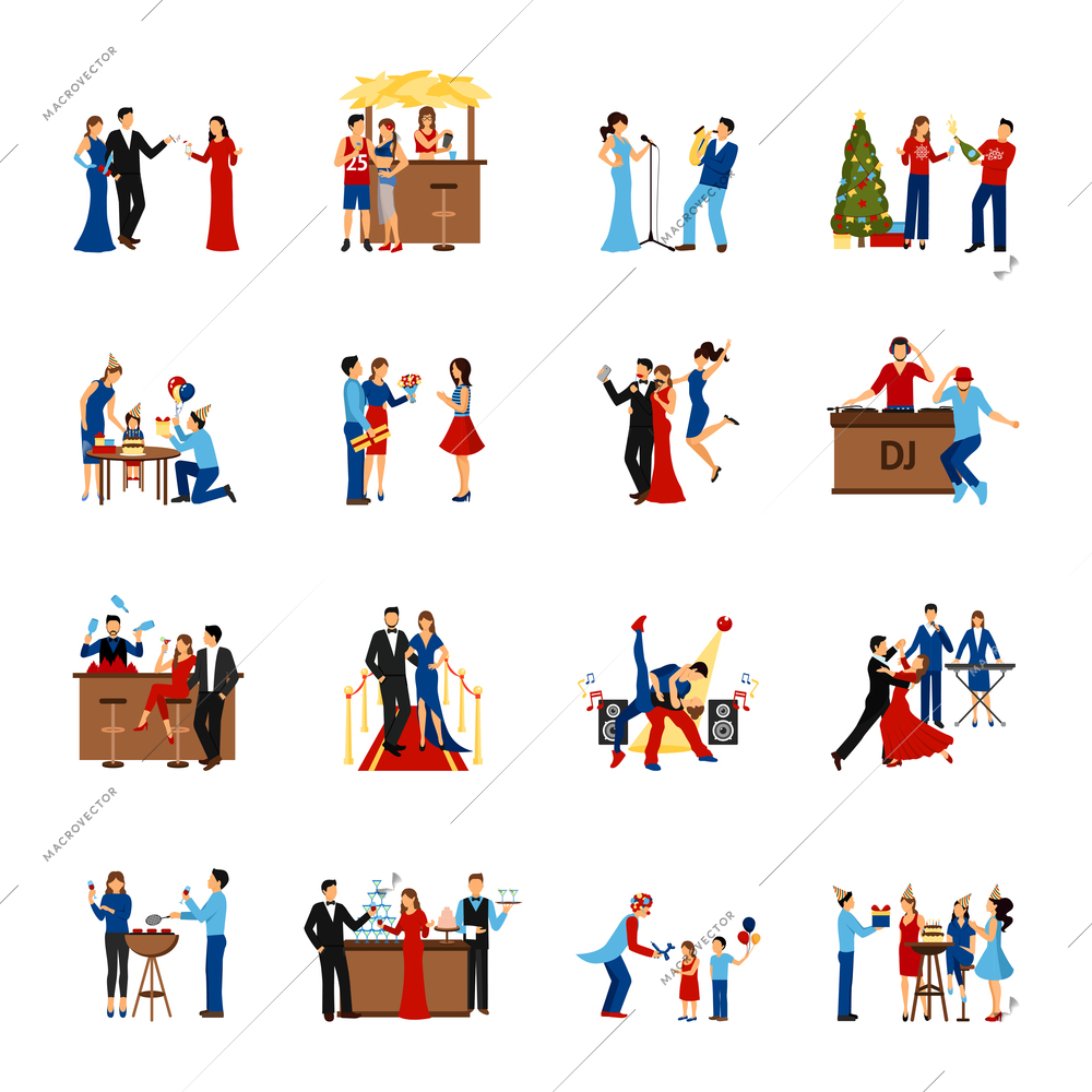 Flat style icons set of partying people like celebration meeting dancing party and other isolated vector illustration