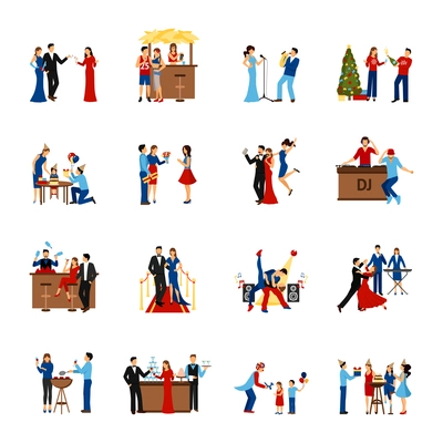 Flat style icons set of partying people like celebration meeting dancing party and other isolated vector illustration