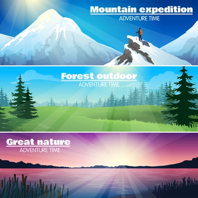 Camping travelling outdoor adventures 3 horizontal banners set with forest and snowy mountains landscape abstract illustration vector