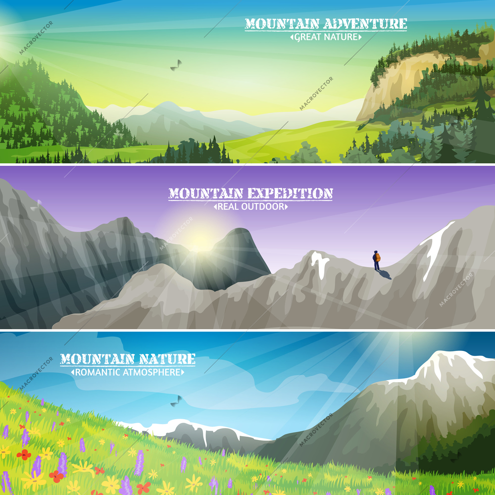 High altitude flowers on mountain slopes and ice peaks landscape 3 flat horizontal banners set abstract illustration vector