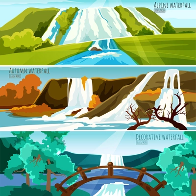 Horizontal banners collection with colorful pictures of waterfall landscapes in mountains flat vector illustration