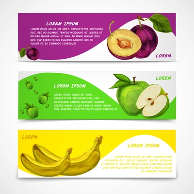 Mixed natural organic sweet fruits banners collection of apple plum and banana for cafe dessert menu design template vector illustration