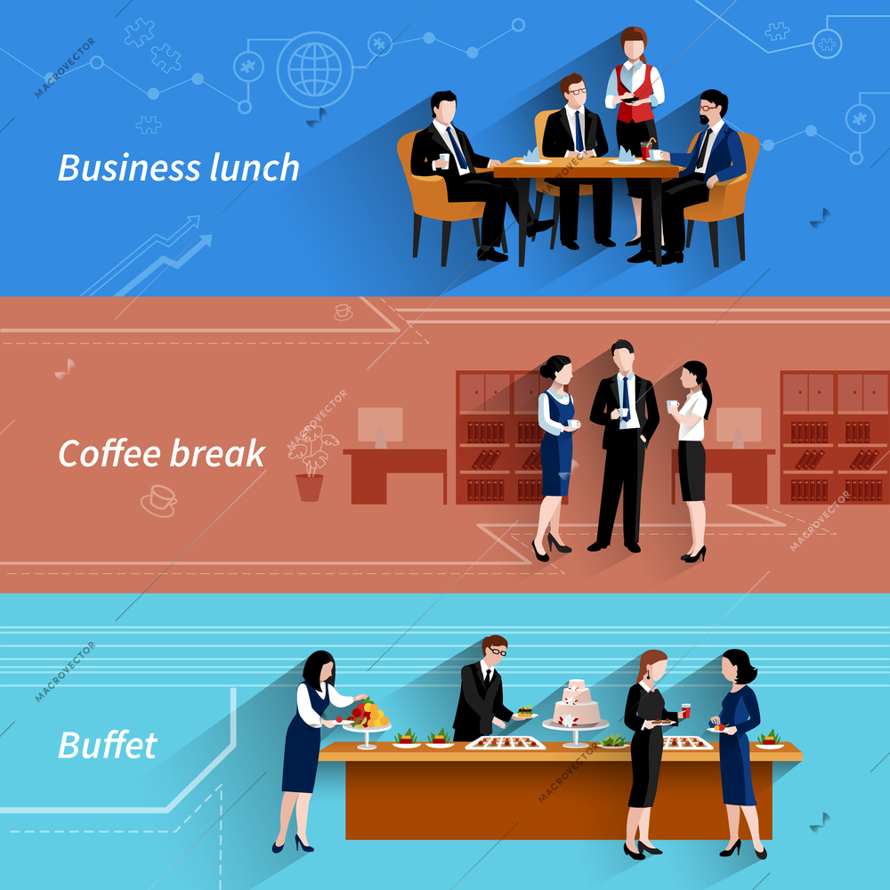 Business lunch coffee break and buffet service at work flat horizontal banners set abstract isolated vector illustration