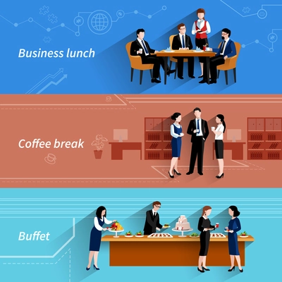 Business lunch coffee break and buffet service at work flat horizontal banners set abstract isolated vector illustration