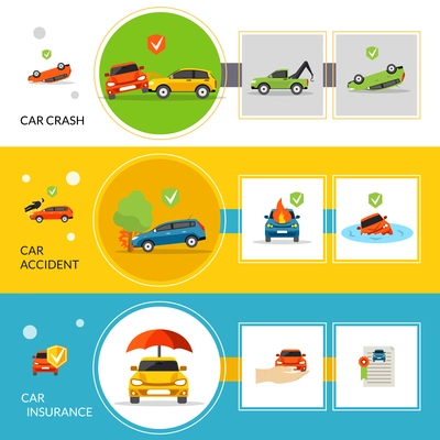 Car insurance banners set with crash accident elements isolated vector illustration