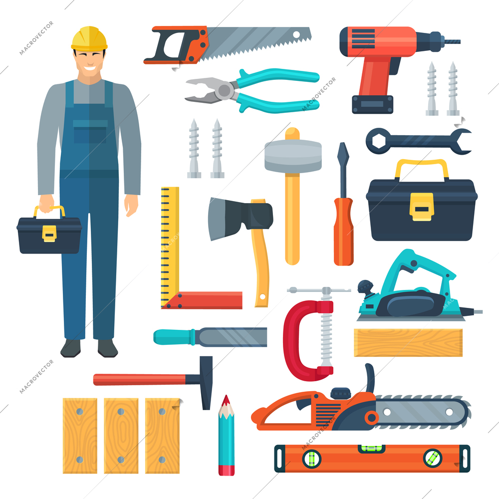 Flat color icons set with  woodworker in overalls toolbox and tools for sawing and carpentry isolated vector illustration