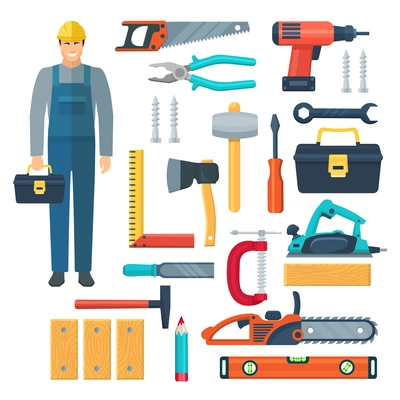 Flat color icons set with  woodworker in overalls toolbox and tools for sawing and carpentry isolated vector illustration