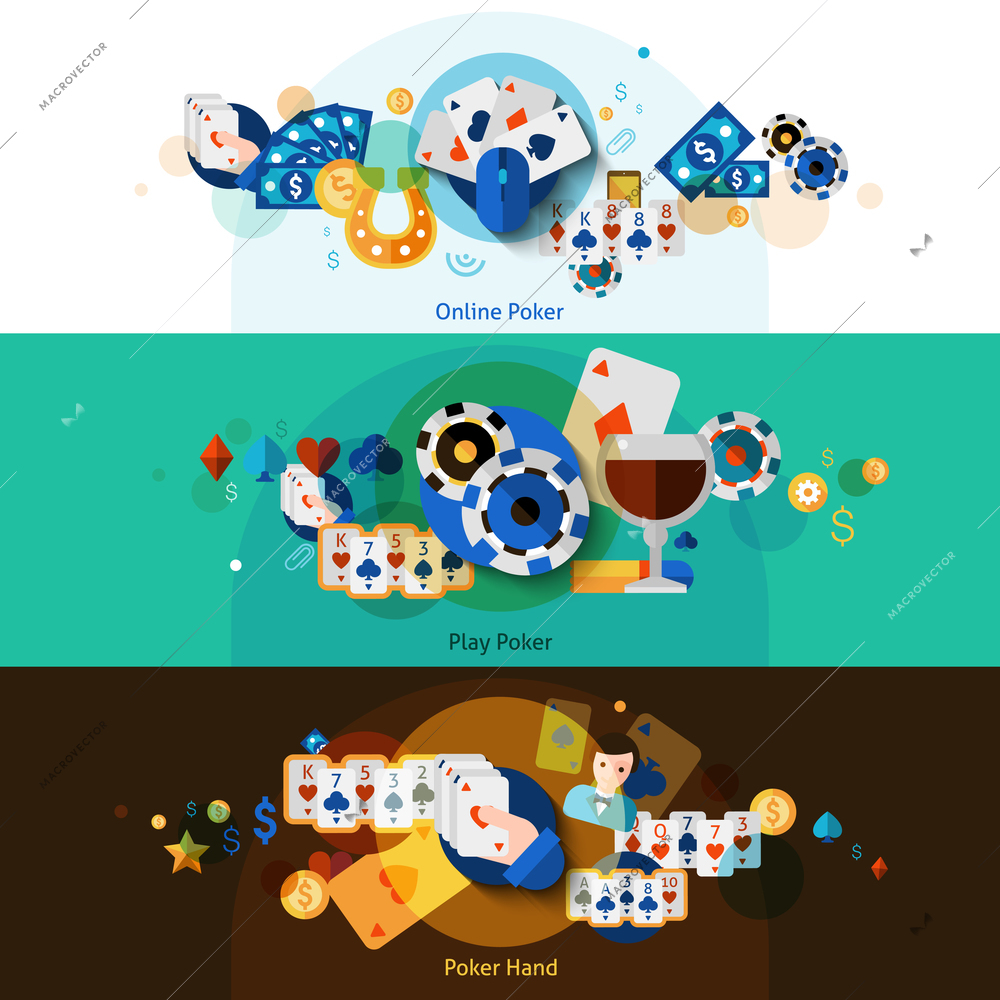 Poker with cards money chips and wine horizontal banners set flat isolated vector illustration