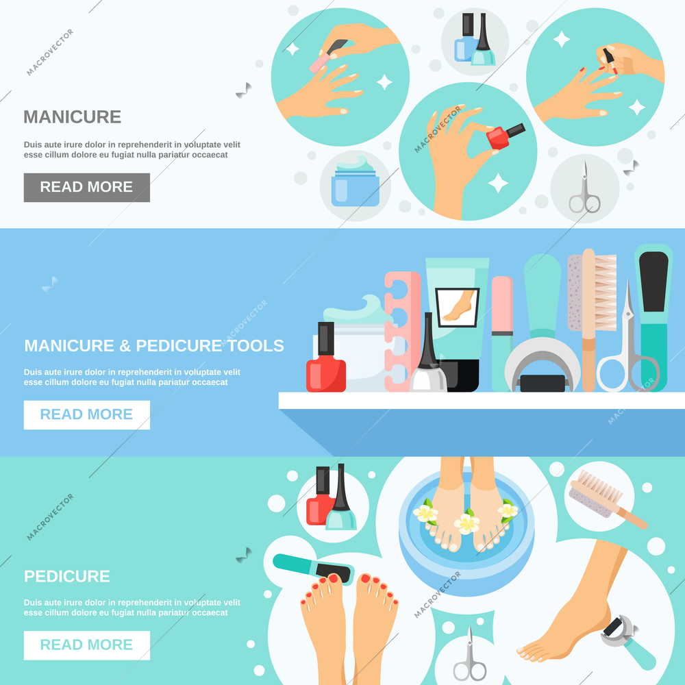 Manicure pedicure nails file callus removing tools kit and information 3 flat banners webpage design vector illustration