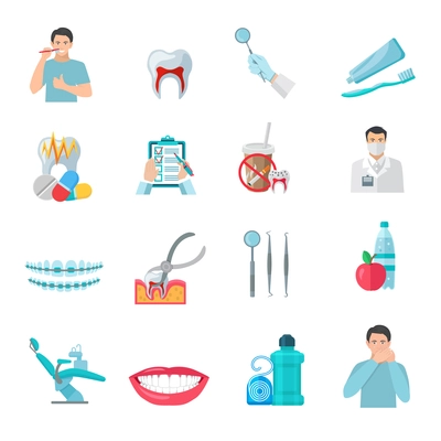 Flat color teeth icons set with dentist tools and dental care products isolated vector illustration