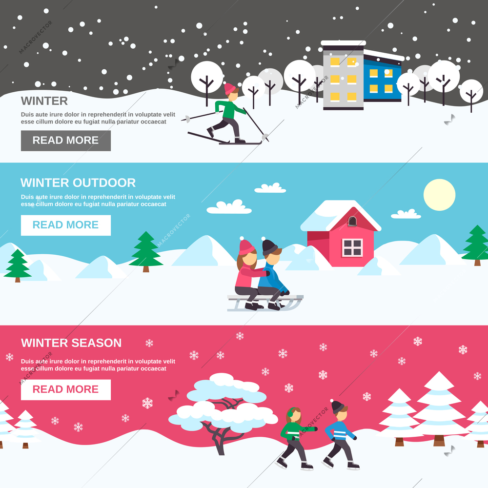 Winter season outdoor activities for children 3 flat interactive banners webpage design abstract isolated vector illustration