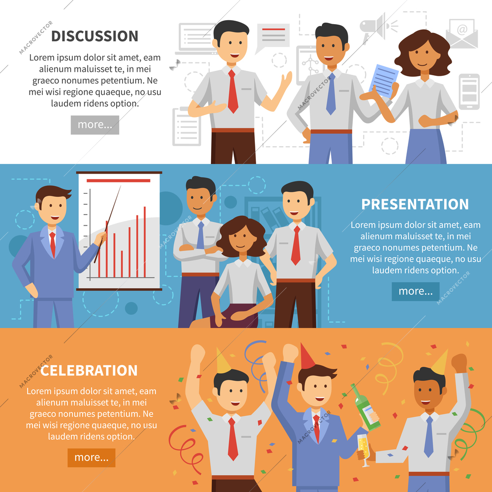 Business cooperation horizontal banner set with discussion presentation and office celebration flat elements isolated vector illustration