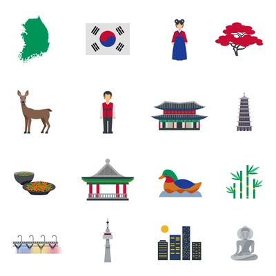 Korean traditional food clothing landmarks and national cultural symbols flat icons collection abstract isolated vector illustration