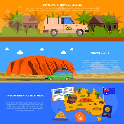 Australia horizontal banners set with continent and traveling symbols flat isolated vector illustration