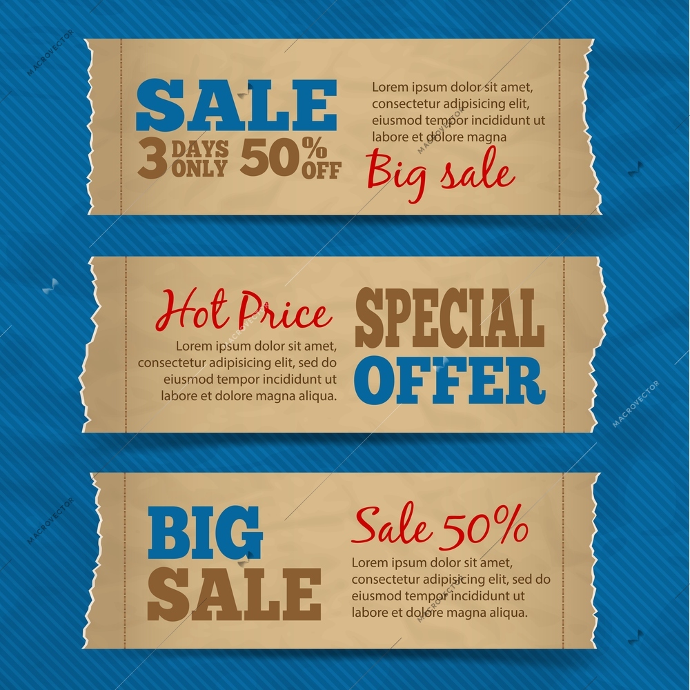 Set of cardboard paper sale hot price special offer banners with blue background vector illustration