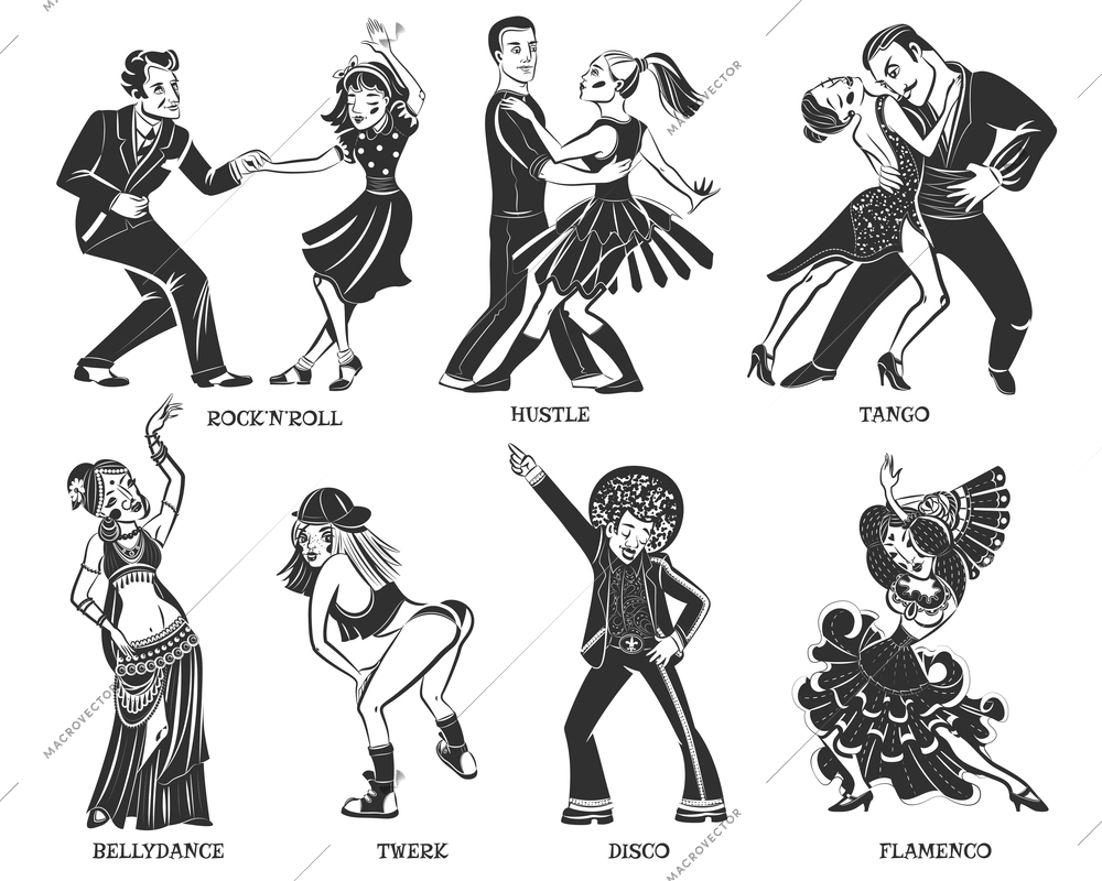Native  popular dance pair and individual performance black icons set with disco and flamenco isolated vector illustration