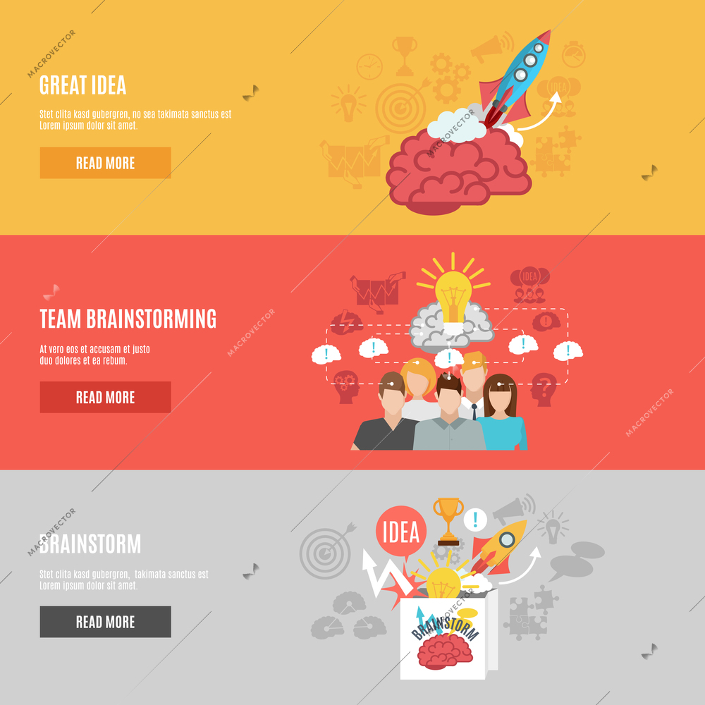 Horizontal banners set with abstract pictures of great idea brainstorm and team brainstorming flat vector illustration