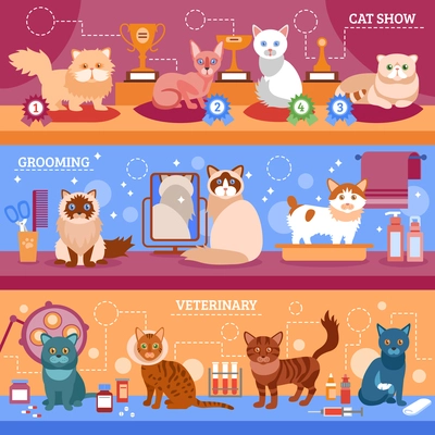 Cats banner horizontal set with flat grooming and veterinary elements isolated vector illustration