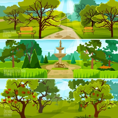 Garden landscape banners set of city park for relaxation orchard and park in versatile style flat compositions vector illustration