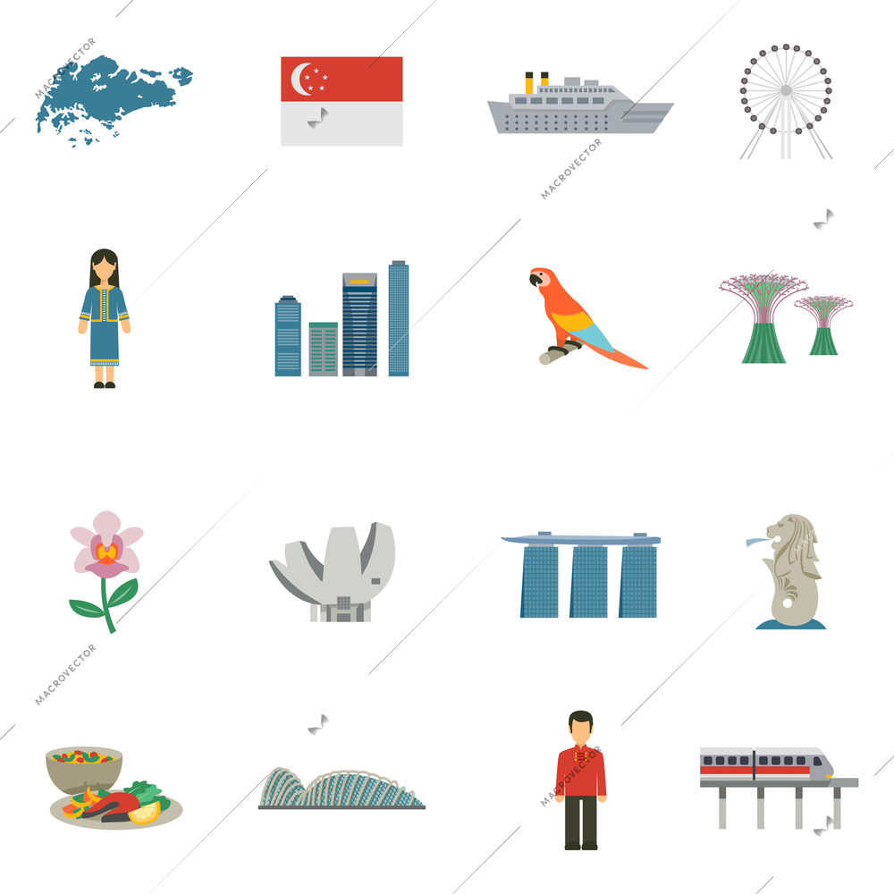 Best tourists attractions in singapore and national cultural symbols flat icons set abstract vector isolated illustration