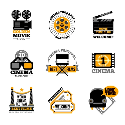 Cinema and film labels with director chair 3d glasses cinema tickets projector flat signs isolated vector illustration