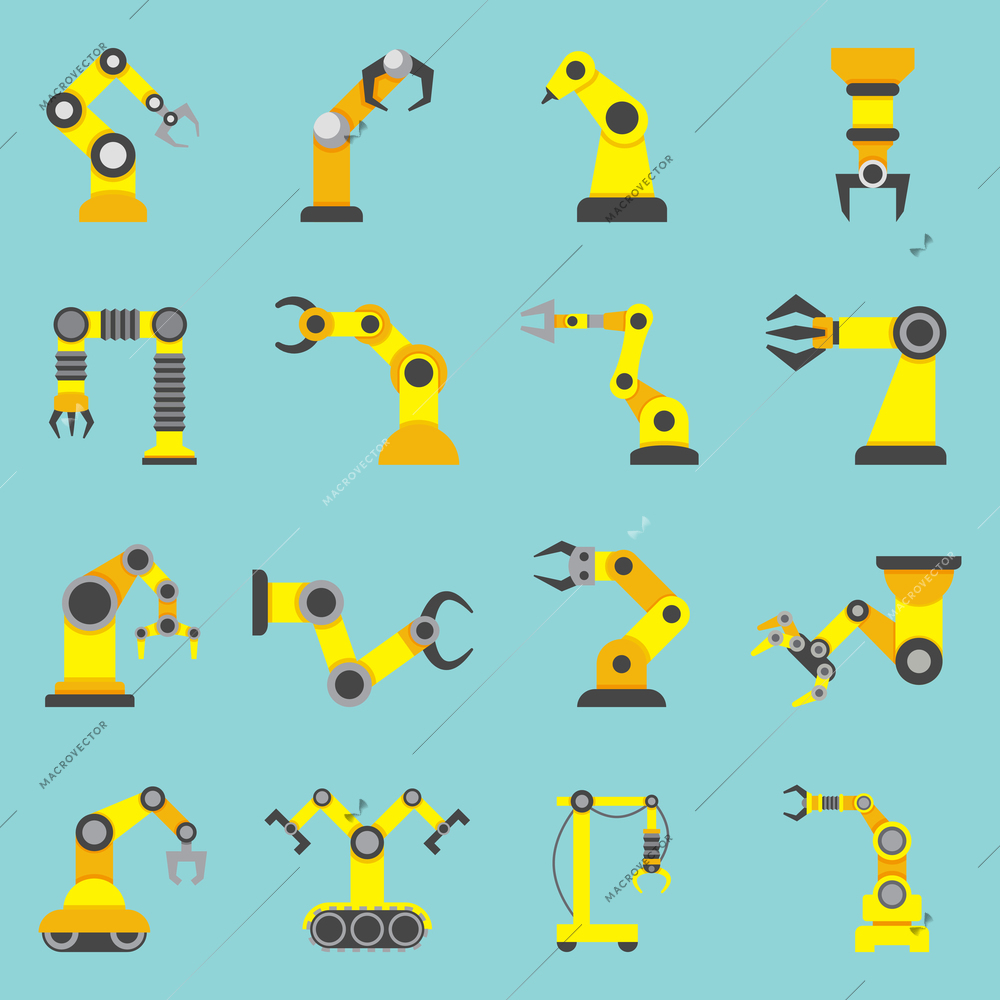 Remotely controlled robotic arms samples in automation industry yellow flat icons collection abstract isolated vector illustration