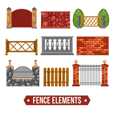 Fence design elements set with stone wooden metal marble units flat isolated vector illustration