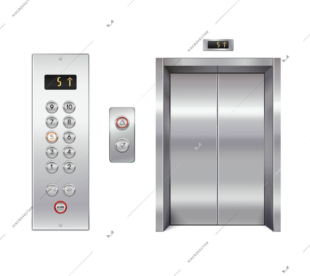 Elevator design set with closed doors and button panel isolated vector illustration