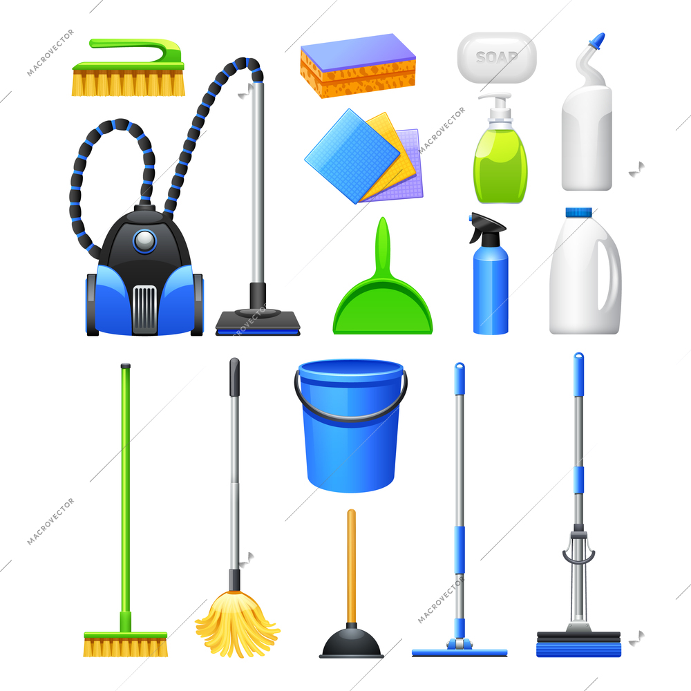 Cleaning equipment and accessories realistic icons collection with vacuum cleaner brushes and mops abstract isolated vector illustration