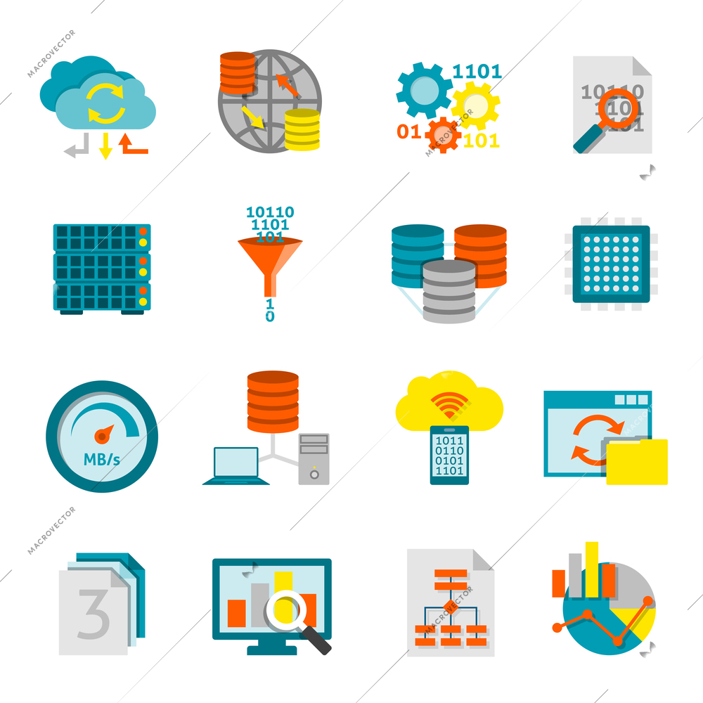 Information processing computer software and data analytics for better business decisions flat icons set abstract isolated vector illustration