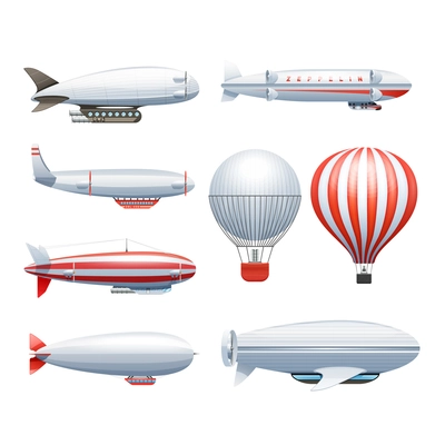 Dirigible and hot air balloons airships in flight icons collection  white red abstract isolated vector illustration