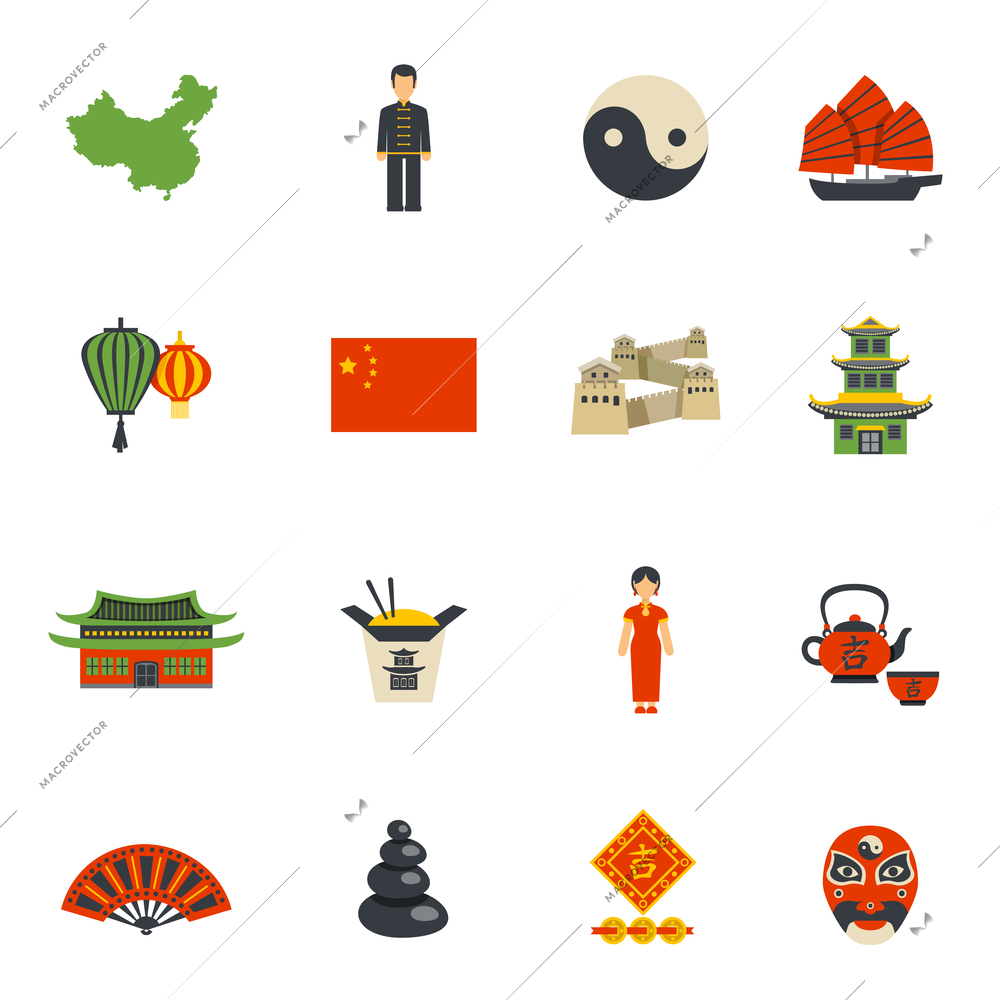 Chinese clothing historical landmarks and national symbols flat icons collection with yin yang  abstract isolated vector illustration