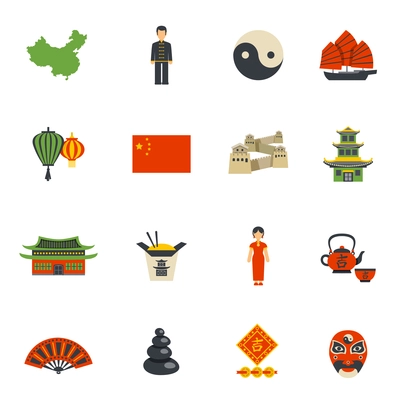 Chinese clothing historical landmarks and national symbols flat icons collection with yin yang  abstract isolated vector illustration