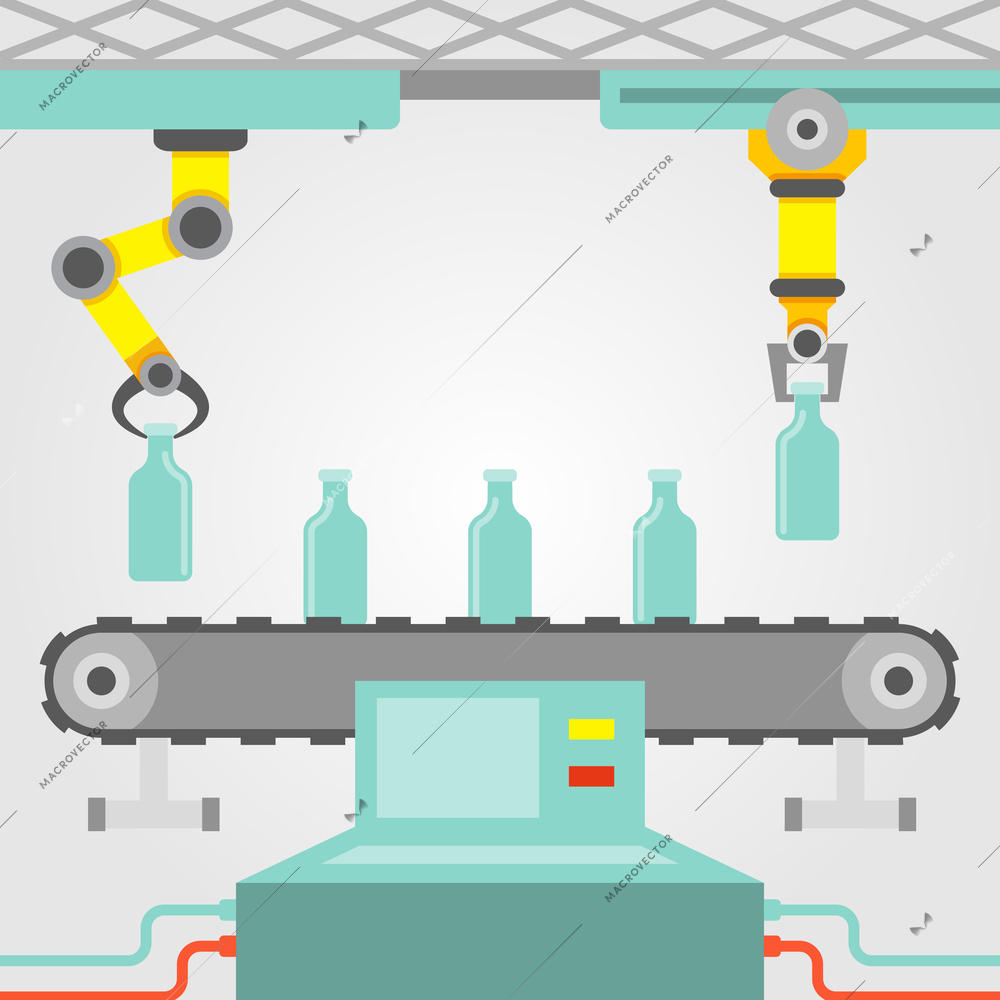 Robotic arm concept with factory conveyor line flat vector illustration