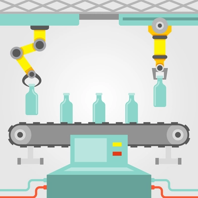 Robotic arm concept with factory conveyor line flat vector illustration